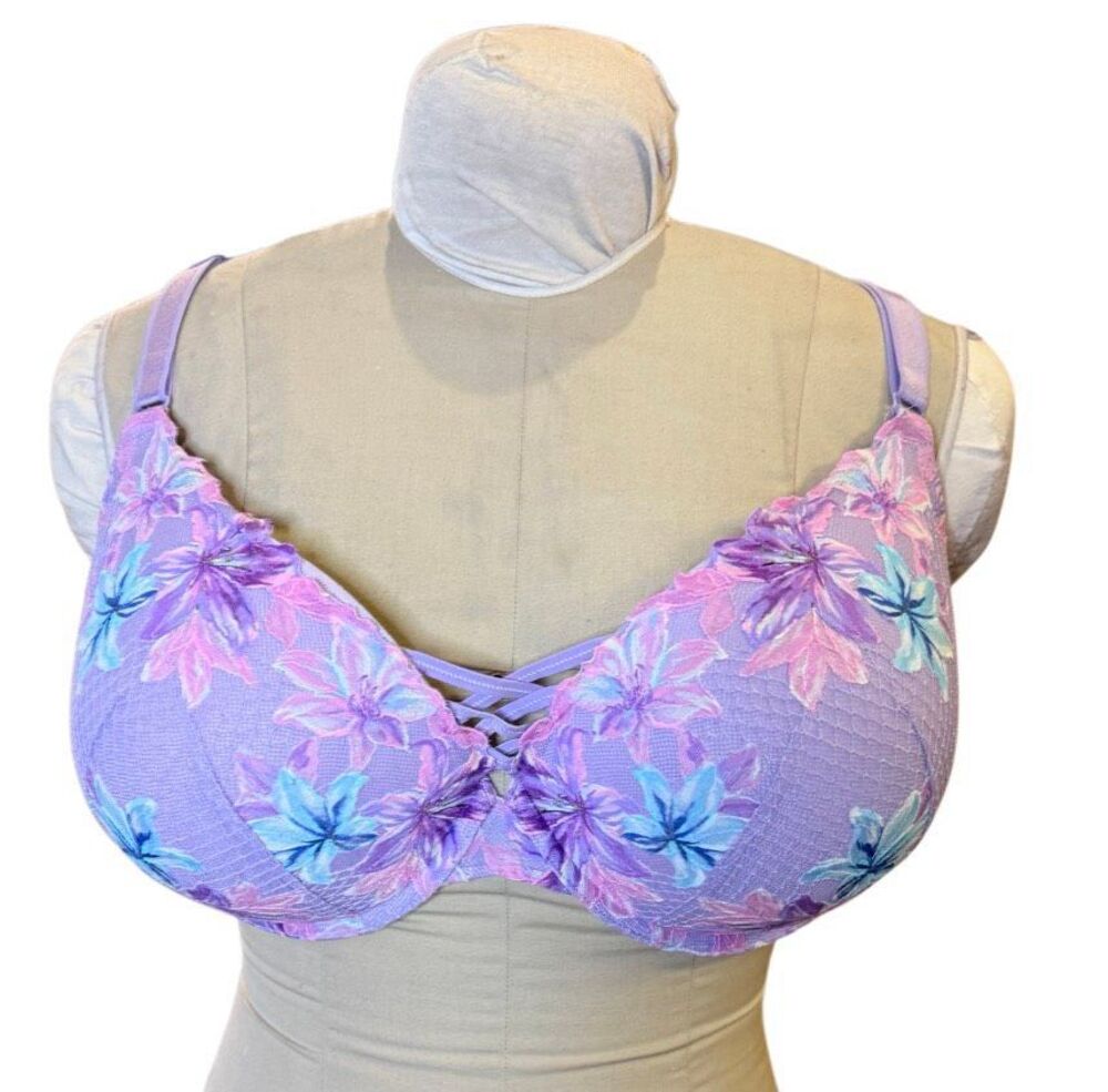 Torrid XO Plunge Push-Up Bra Purple & Blue Floral Lace f42DDD Crisscross Design